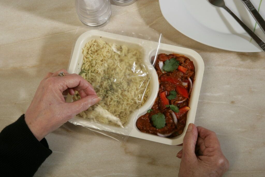 image ready mean in 2-comp film peel sustainable meal trays to accompany news post about the future of recycling